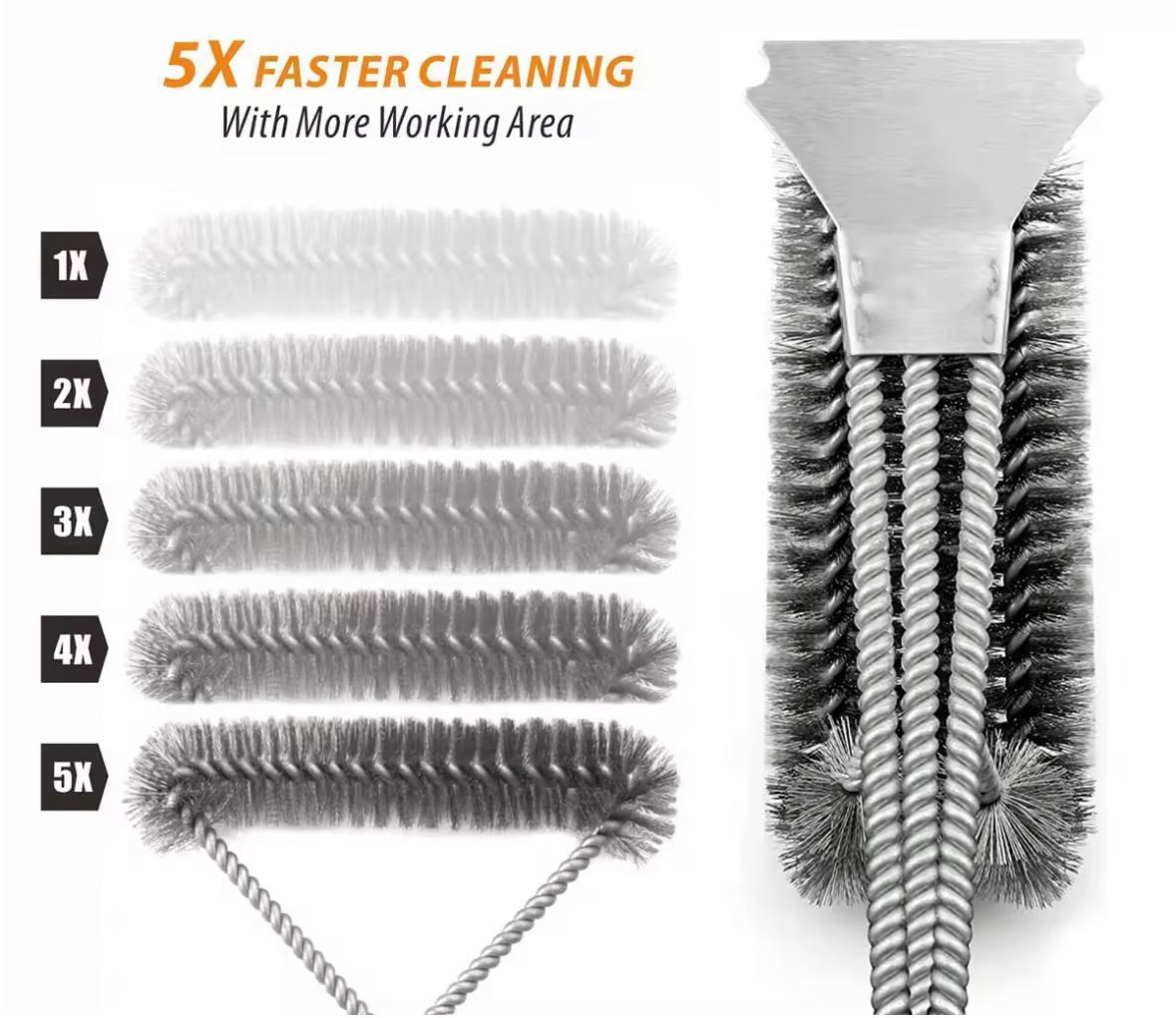 3-in-1 BBQ Grill Brush Scraper, Stainless Steel Wire, Premium Grill Cleaning Tool