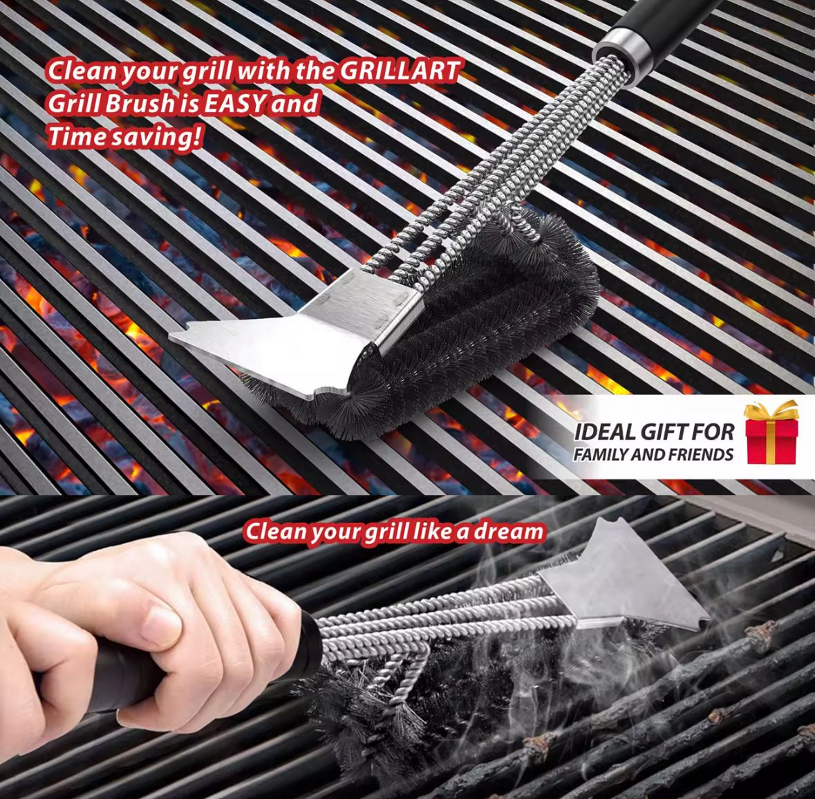 3-in-1 BBQ Grill Brush Scraper, Stainless Steel Wire, Premium Grill Cleaning Tool